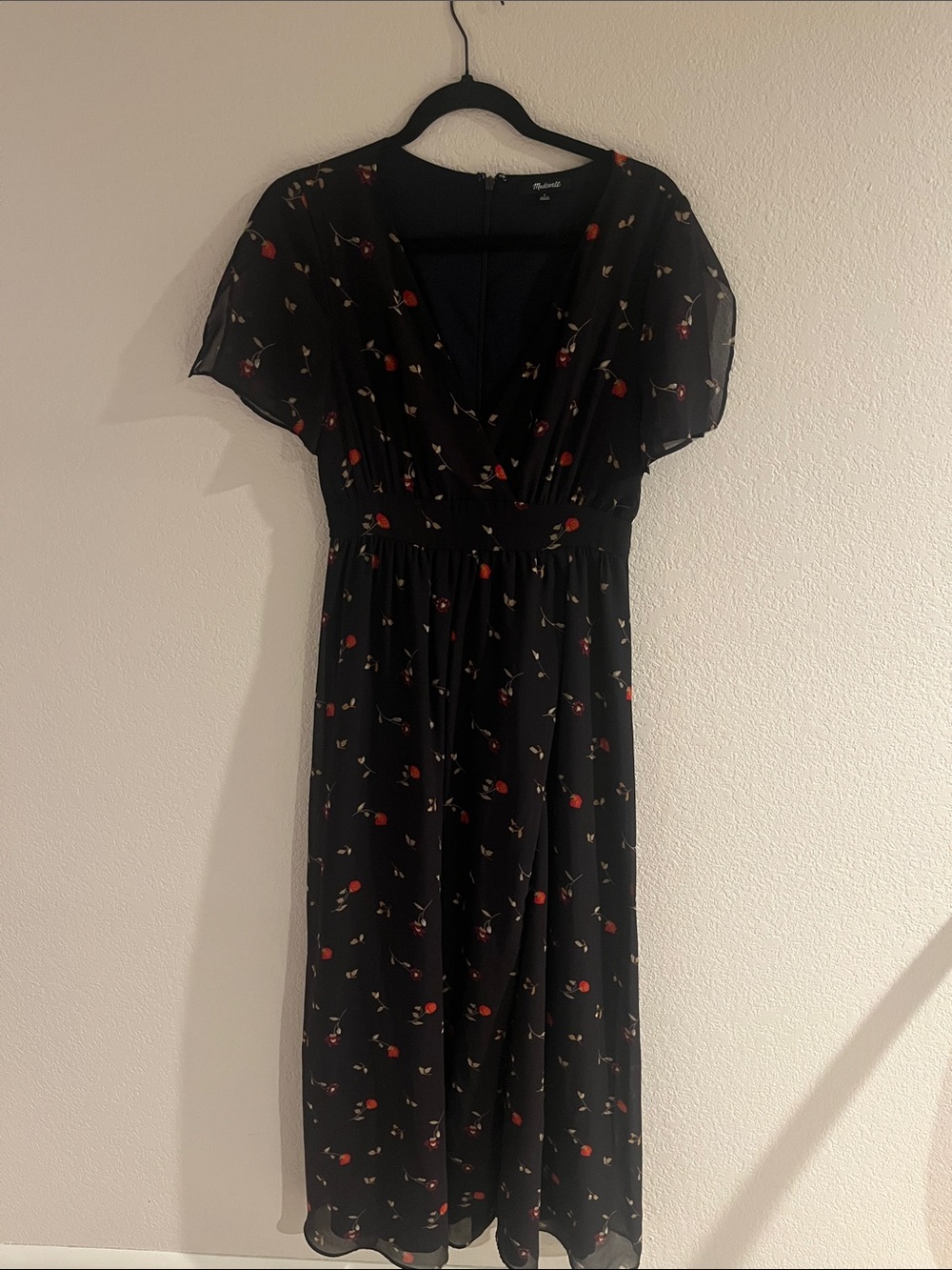 Madewell Black Midi Dress with Red Rose Print